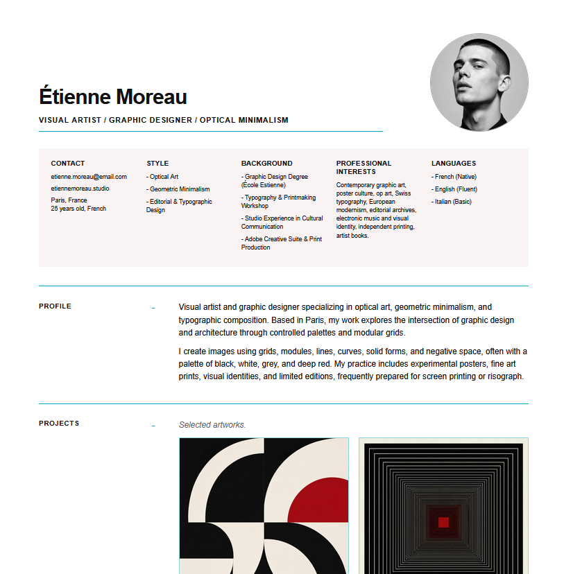 Screenshot completo del CV pubblico Etienne Moreau in template Editorial Black