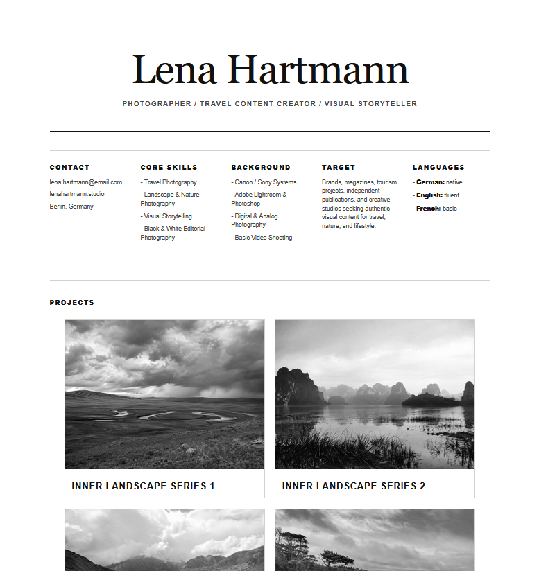 Screenshot completo del CV pubblico Lena Hartmann in template Corp Black