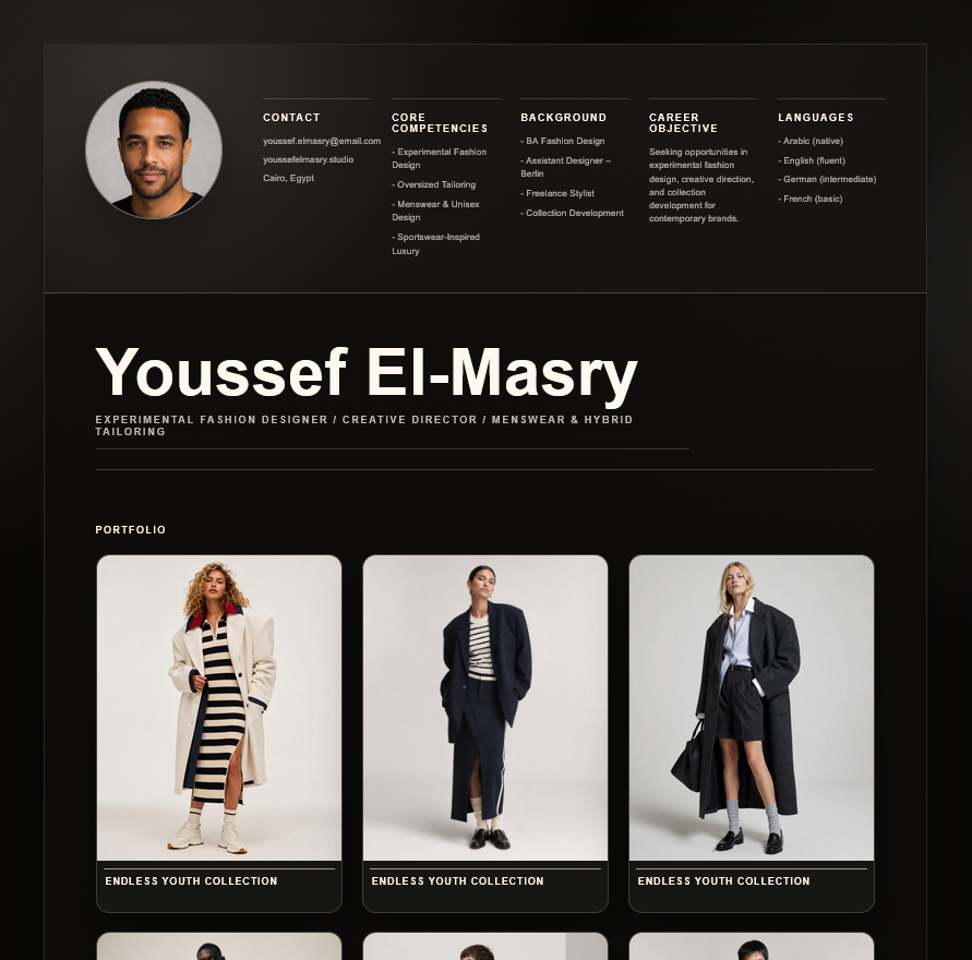 Screenshot completo del CV pubblico Youssef El-Masry in template Atelier
